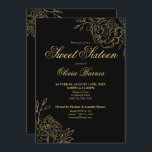 Sweet 16 Black and Gold Line Blume Flora Einladung<br><div class="desc">Black and Gold Sweet 16 Einladung mit eleganten,  skizzierten Blume. Das schicke Blumendesign zeichnet sich durch feine botanische Linienzeichnungen von Blume und Blätter in Gold sowie durch klassische Schriftzeichen-Typografie aus.</div>