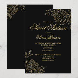 Sweet 16 Black and Gold Line Blume Flora Einladung