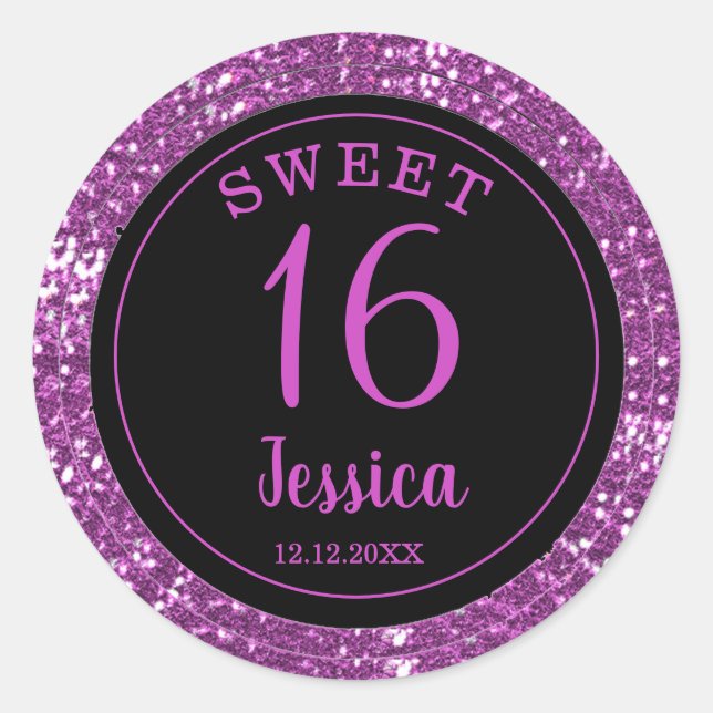 Sweet 16 Black and Pink Glitzer Umschlag Aufkleber (Vorderseite)