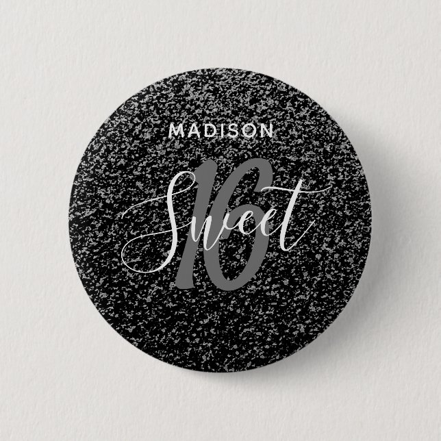 Sweet 16 Black and Silver Speck Personalisiert Button (Vorderseite)