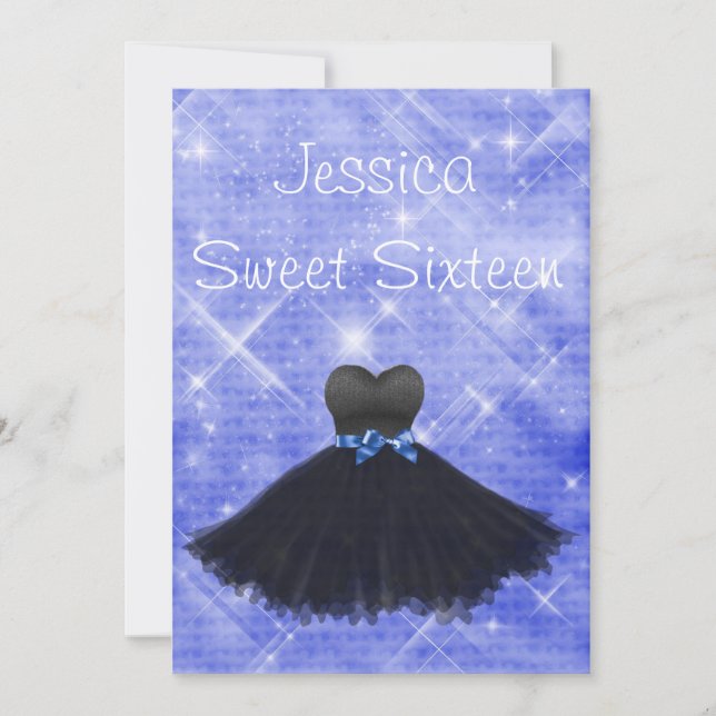 Sweet 16 Black Dress Blue Silver Glitzer Geburtsta Einladung (Vorderseite)