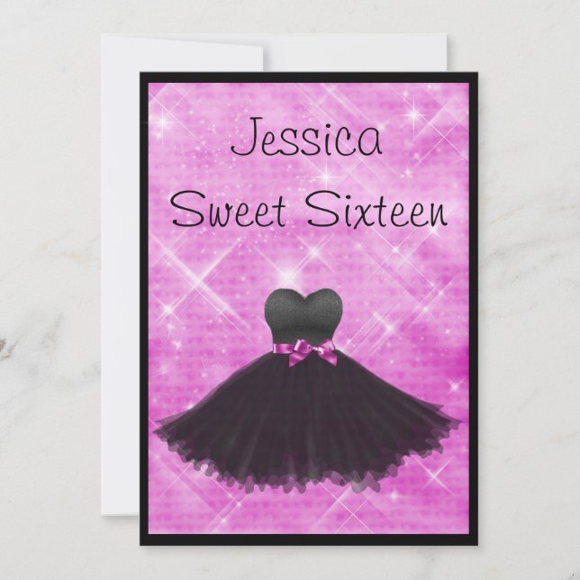 Sweet 16 Black Dress Pink Silver Glitzer 3 Einladung (Vorderseite)