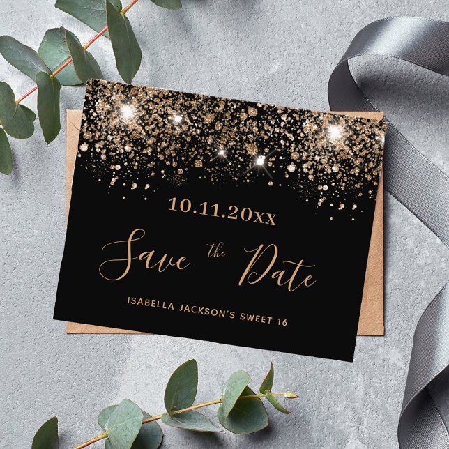 Sweet 16 Black Glitzer Haushalt Save the Date Flyer (Von Creator hochgeladen)
