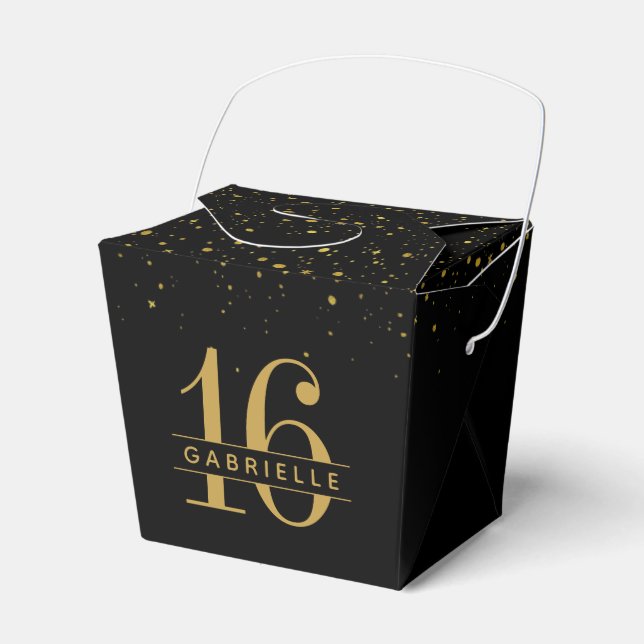 Sweet 16 Black Gold Confetti Personalisierte Auslo Geschenkschachtel (Vorderseite)