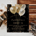 Sweet 16 Black Gold Glitzer Ballons Einladung<br><div class="desc">Für eine elegante Sweet 16,  16. Geburtstagsfeier. Ein stilvoller schwarzer Hintergrund. Mit dunklem vergoldeten Glitzer,  Glitzern und Ballons dekoriert. Personalisieren und fügen Sie Namen,  Alter und Party Details hinzu. Der Name wird mit einem handgeschriebenen Stilskript geschrieben</div>