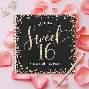 Sweet 16 Black Gold Glitzer Birthday Gästebuch Notizbuch