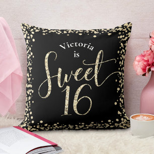 Sweet 16 Black Gold Glitzer Confetti Birthday Chic Kissen