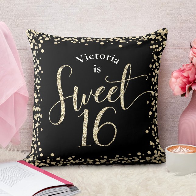 Sweet 16 Black Gold Glitzer Confetti Birthday Chic Kissen (Von Creator hochgeladen)