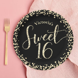 Sweet 16 Black Gold Glitzer Confetti Chic Geburtst Pappteller