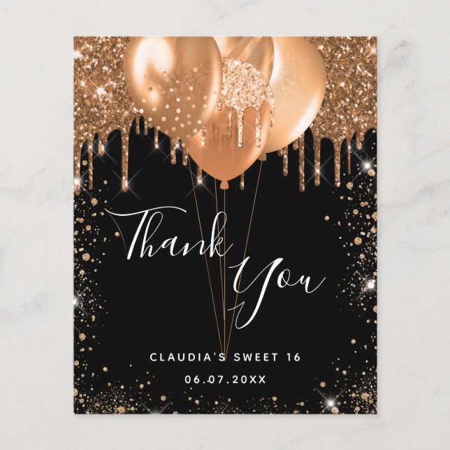 Sweet 16 Black Gold Glitzer Danke Budget Flyer (Vorne)