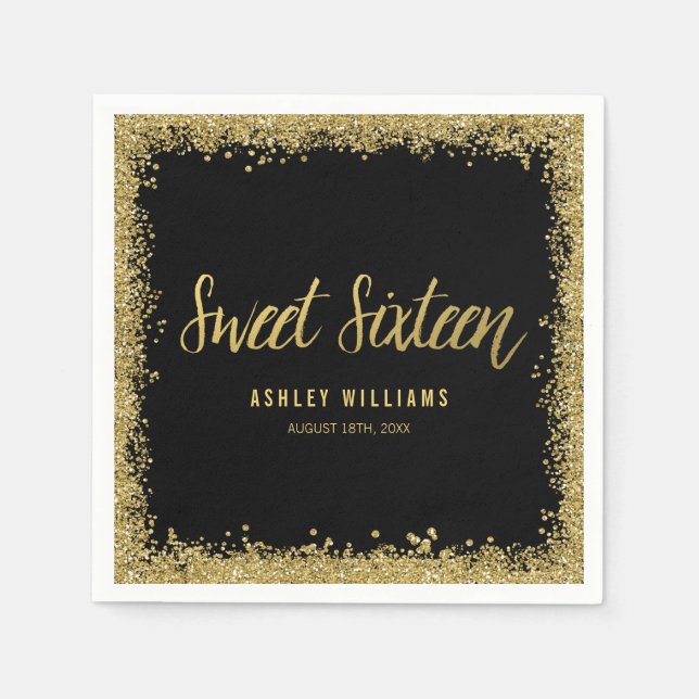 Sweet 16 Black Gold Glitzer Geburtstag Serviette (Vorderseite)