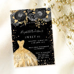 Sweet 16 Black Gold Glitzer Kleidung Florale Party Einladung<br><div class="desc">Eine moderne,  stilvolle und glamouröse Einladung zu einer Sweet 16. Geburtstagsfeier. Ein schwarzer Hintergrund mit Imitaten goldenen Glitzer Staub,  ein Kleid und schwarz-goldene Rose,  Blumenmuster. Der Name ist mit einem modernen handgeschriebenen Stilskript geschrieben. Personalisieren Sie Ihre Party-Daten und fügen Sie sie hinzu.</div>