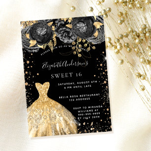 Sweet 16 Black Gold Glitzer Kleidung Florale Party Einladung