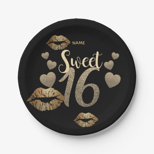 Sweet 16 Black Gold Glitzer Personalisiert Pappteller (Vorderseite)