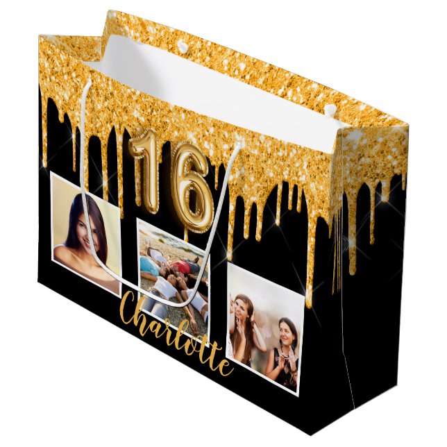 Sweet 16 Black Gold Glitzer Tropfen Foto Geburtsta Große Geschenktüte (Vorderseite Schrägansicht)