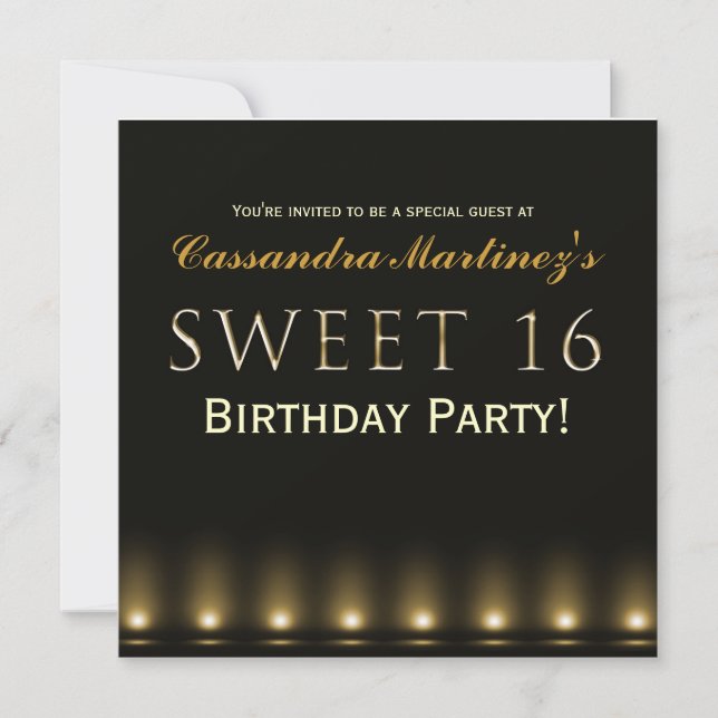 SWEET 16 Black Gold Hollywood Party Invitation (Devant)