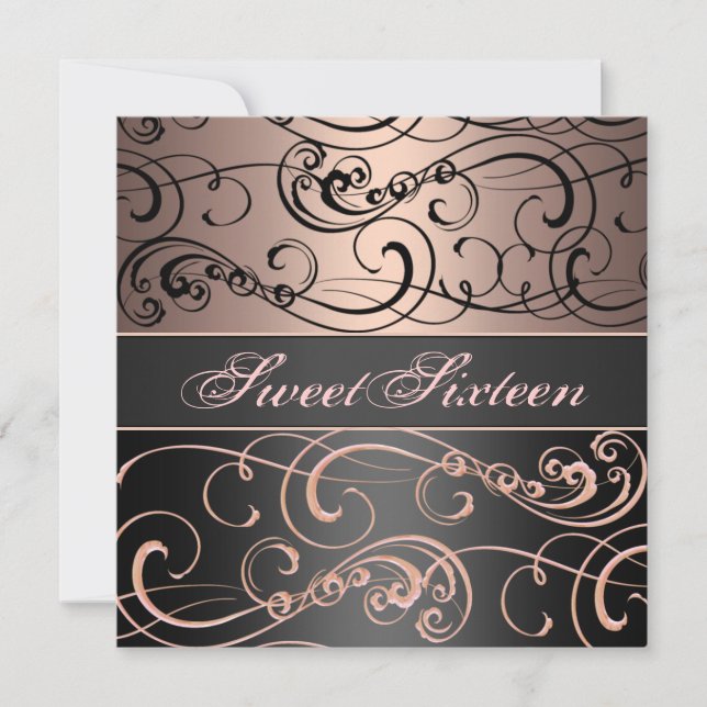 Sweet 16 Black/Peach Swirl Invitation Anniversaire (Devant)