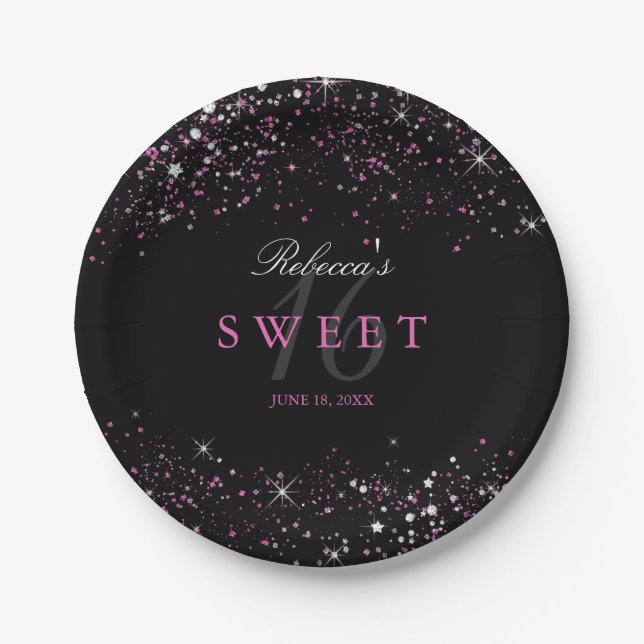 Sweet 16 Black Pink Sparkle Glitzer Paper Teller (Vorderseite)