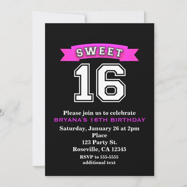 Sweet 16 Black & Pink Sports & Leopard Print Party Einladung (Vorderseite)