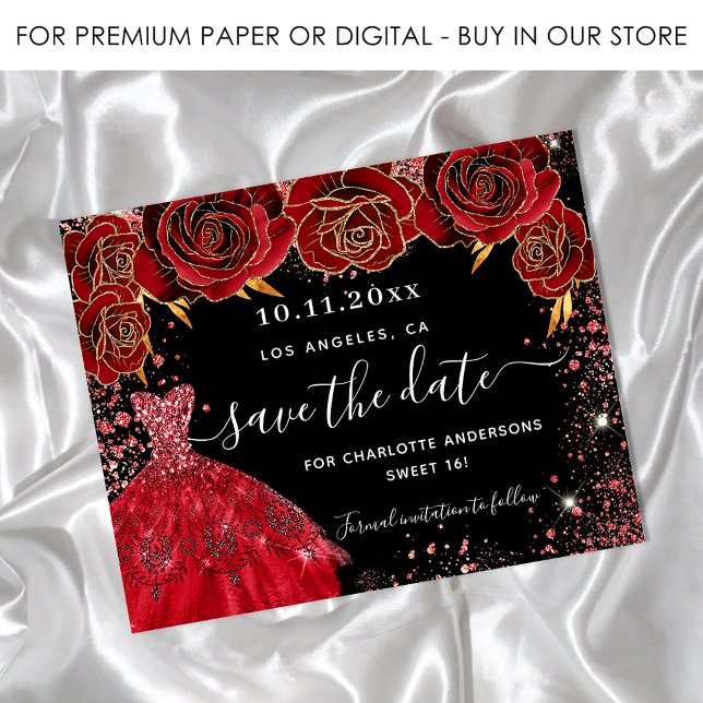 Sweet 16 Black Red Dress Budget Save the Date (Von Creator hochgeladen)