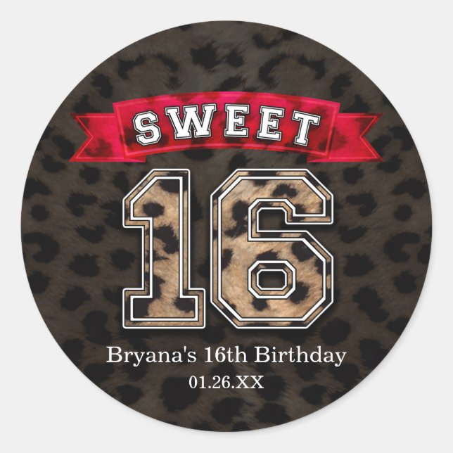 Sweet 16 Black & Red Leopard Print Sports Party Runder Aufkleber (Vorderseite)