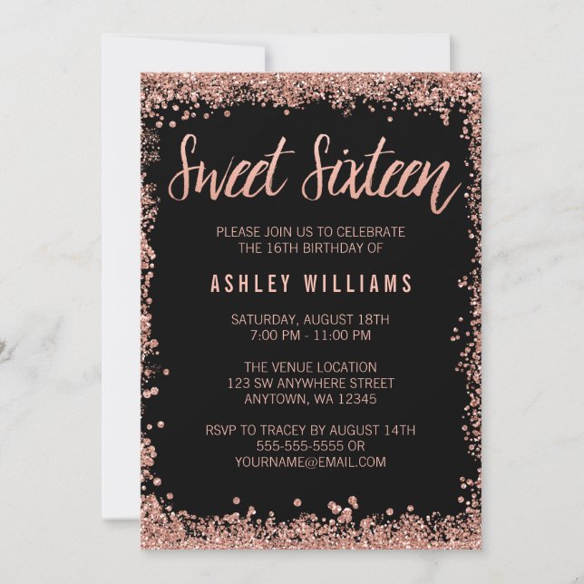 Sweet 16 Black Rose Gold Imitate Glitzer Geburtsta Einladung (Vorderseite)