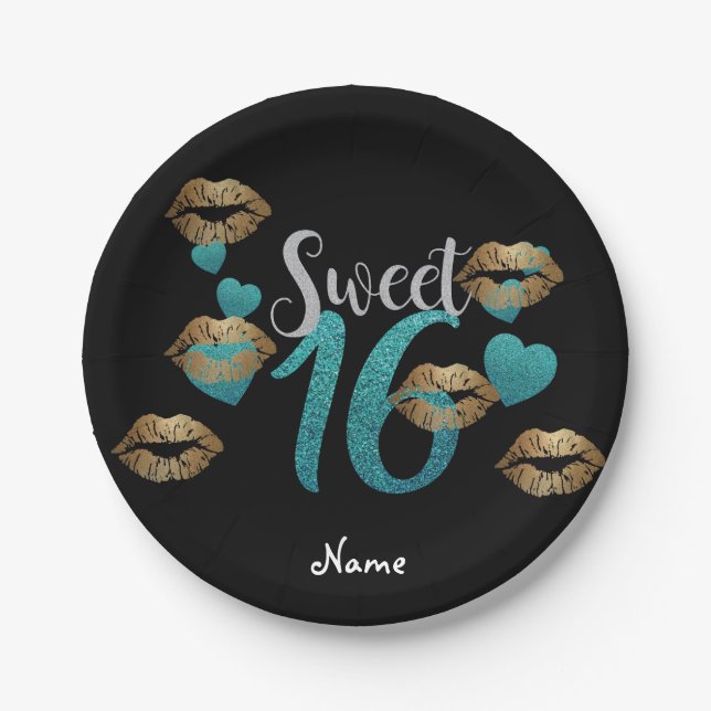 Sweet 16 Black Turquoise Gold Glitzer Custom Pappteller (Vorderseite)