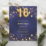 Sweet 16 blaue goldene Sterne Einladung<br><div class="desc">Eine moderne,  stilvolle Einladung für einen Sweet 16. Ein marineblauer blauer Hintergrund,  mit goldenen Sternen geschmückt. Die blaue Farbe ist ungleichmäßig. Personalisieren Sie Ihren Namen und Ihre Party-Daten und fügen Sie diese hinzu. 1 Blatt = 1 Einladung mit Druckkante bis Kante.</div>
