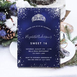 Sweet 16 blauen Glitzer Tiara glamouröses Party Einladung