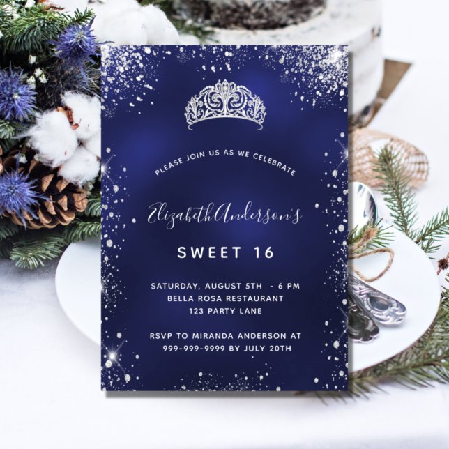 Sweet 16 blauen Glitzer Tiara glamouröses Party Einladung (Von Creator hochgeladen)