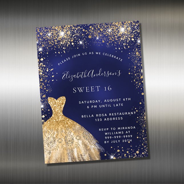 Sweet 16 bleu marine robe or aimant invitation (Créateur téléchargé)