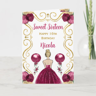 Sweet 16 Blonde Princess Burgundy Happy Birthday Karte