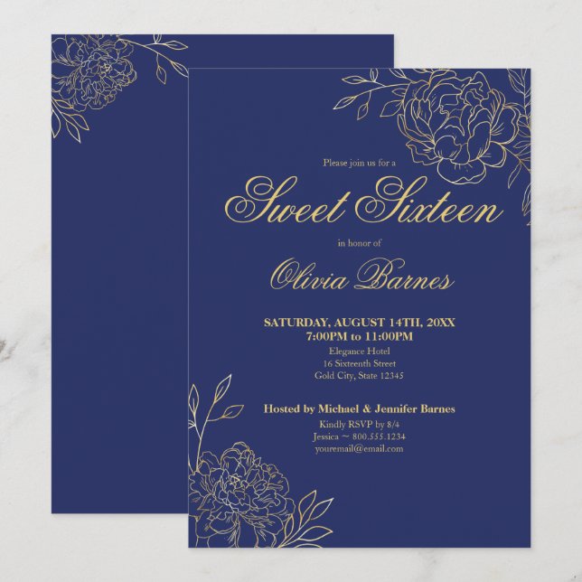 Sweet 16 Blue and Gold Line Art Blume Blumenstrauß Einladung (Vorne/Hinten)