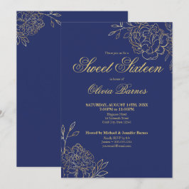 Sweet 16 Blue and Gold Line Art Blume Blumenstrauß Einladung