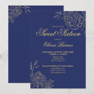 Sweet 16 Blue and Gold Line Blume Flora Einladung