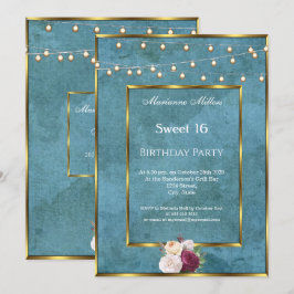 Sweet 16 Blue Aquamarin Gold Fairy Lights Rose Einladung