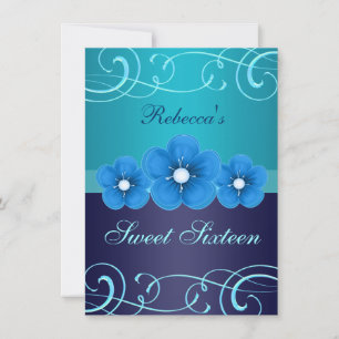 Sweet 16 Blue Flower & Tiara Invitation d'annivers