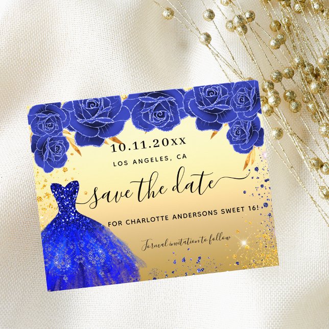 Sweet 16 blue gold dress budget Save the Date Flyer (Von Creator hochgeladen)