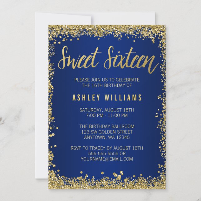 Sweet 16 Blue Gold Glitzer Geburtstag Einladung (Vorderseite)