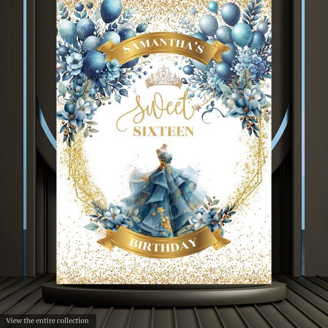 Sweet 16 Blue Gold Watercolor Ballon Hintergrund Wandteppich (Sweet Sixteen Blue Gold Watercolor Balloon Backdrop)