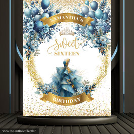 Sweet 16 Blue Gold Watercolor Glitzer Tapestry Wandteppich