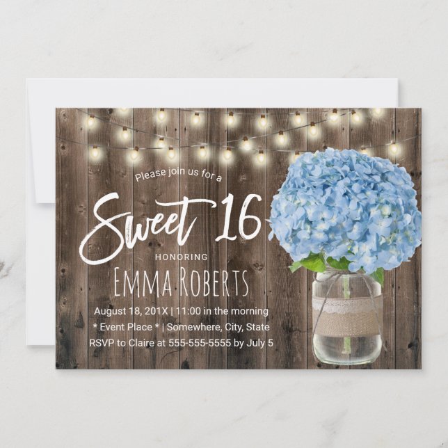 Sweet 16 Blue Hydrangea Floral Jar Rustikales Holz Einladung (Vorderseite)