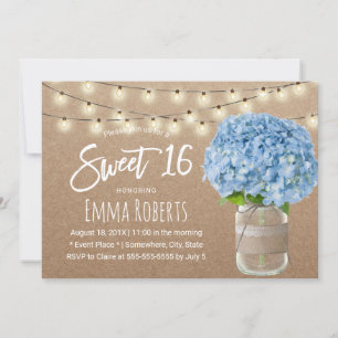 Sweet 16 Blue Hydrangea String Lights Rustic Kraft Einladung