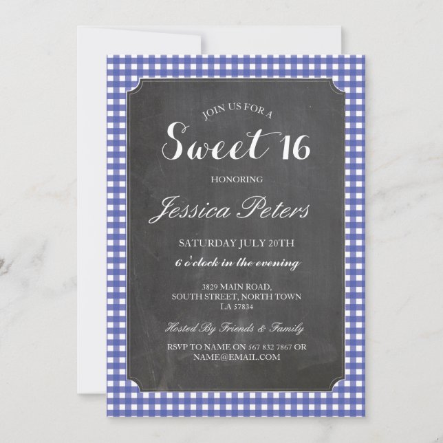 Sweet 16 Blue Karo Lights Rustikale Chalk Einladun Einladung (Vorderseite)