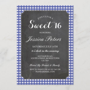Sweet 16 Blue Karo Lights Rustikale Chalk Einladun Einladung
