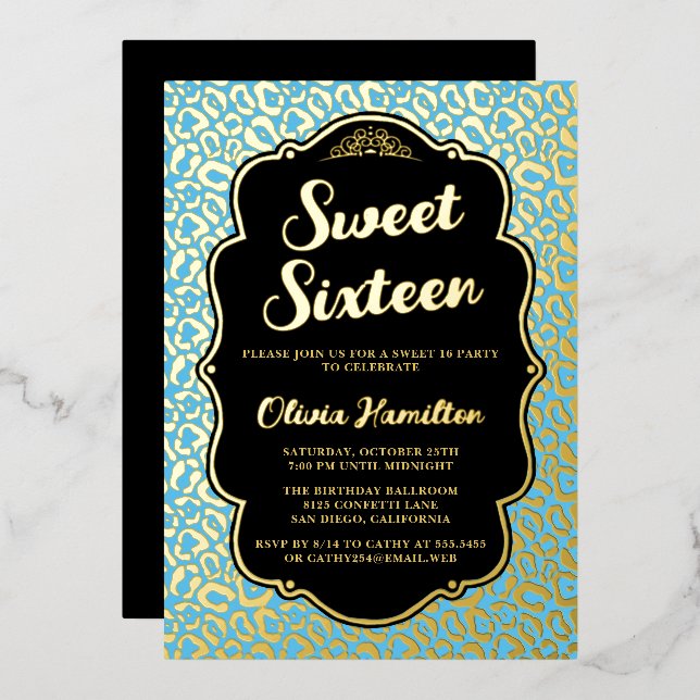 Sweet 16 Blue Leopard Foil Einladung (Vorderseite/Rückseite)