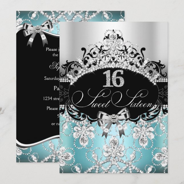 Sweet 16 Blue Sparkle Tiara Birthday Einladung (Vorne/Hinten)