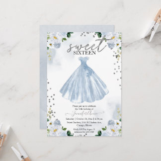 Sweet 16 Blue Watercolor Blume Dress Einladung