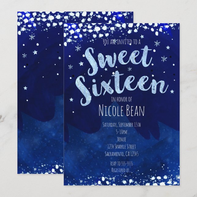 Sweet 16 Blue Winter Wonderland Starry Einladungen (Vorne/Hinten)