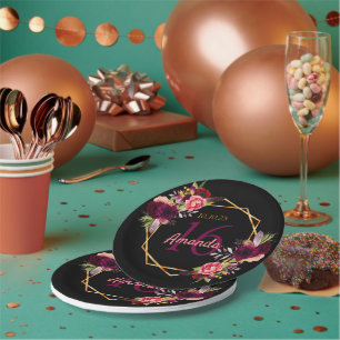 Sweet 16 Blume aus schwarzem Gold Pappteller
